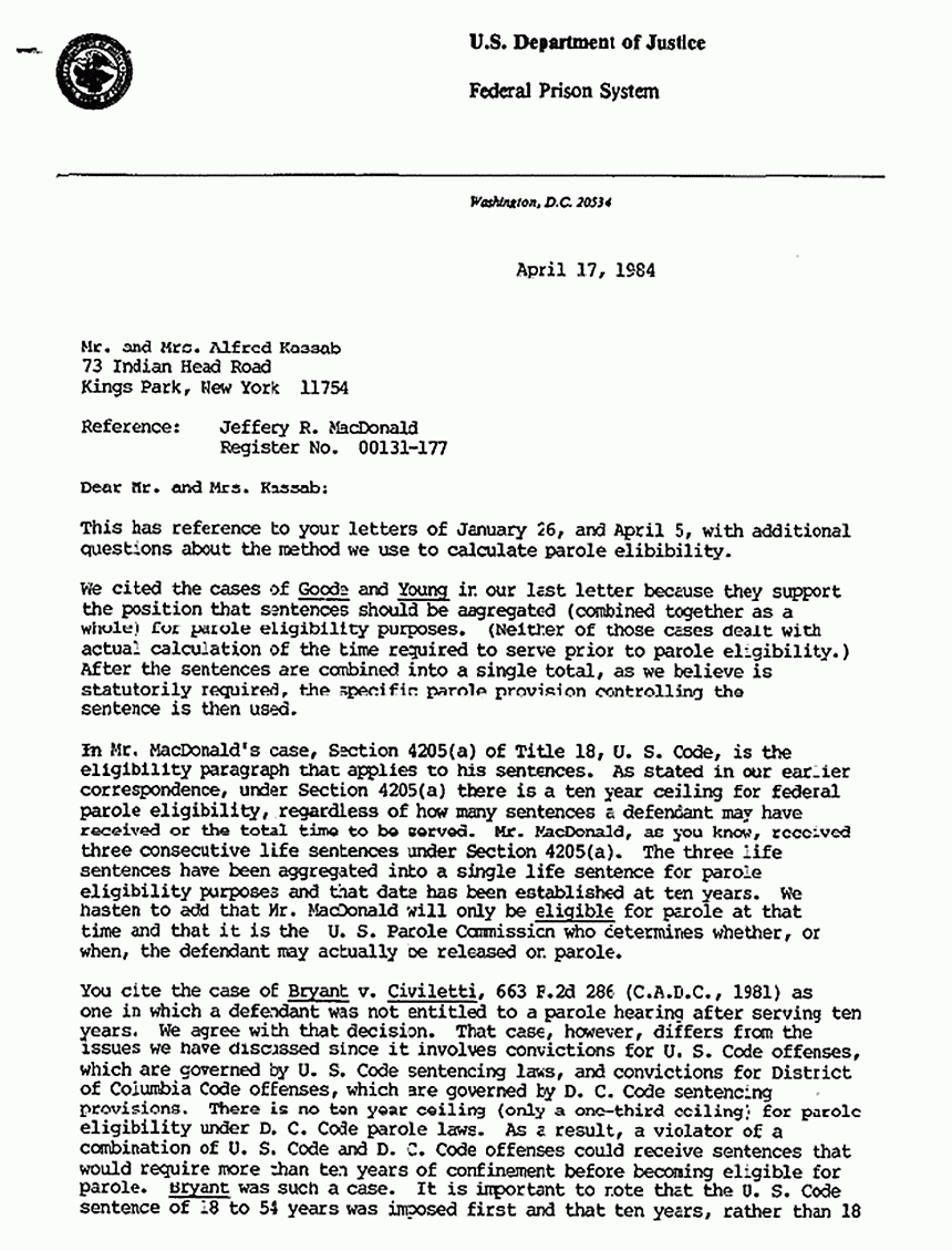 April 17, 1984: Letter from Federal Prison System to Freddy and Mildred Kassab re: Jeffrey MacDonald's eligibility for parole, p. 1 of 2