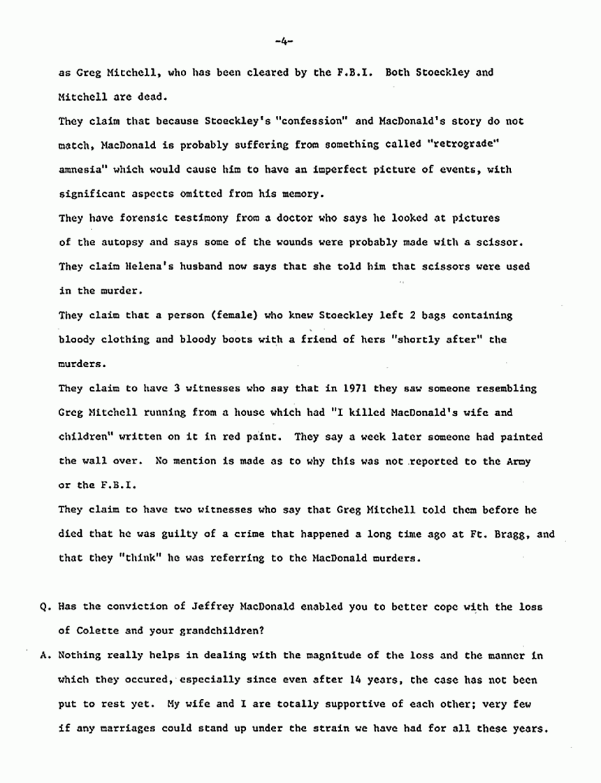 July 1984: New American Library: Fred Kassab Answers Questions About Jeffrey MacDonald and the Events Reported in Fatal Vision, p. 4 of 4