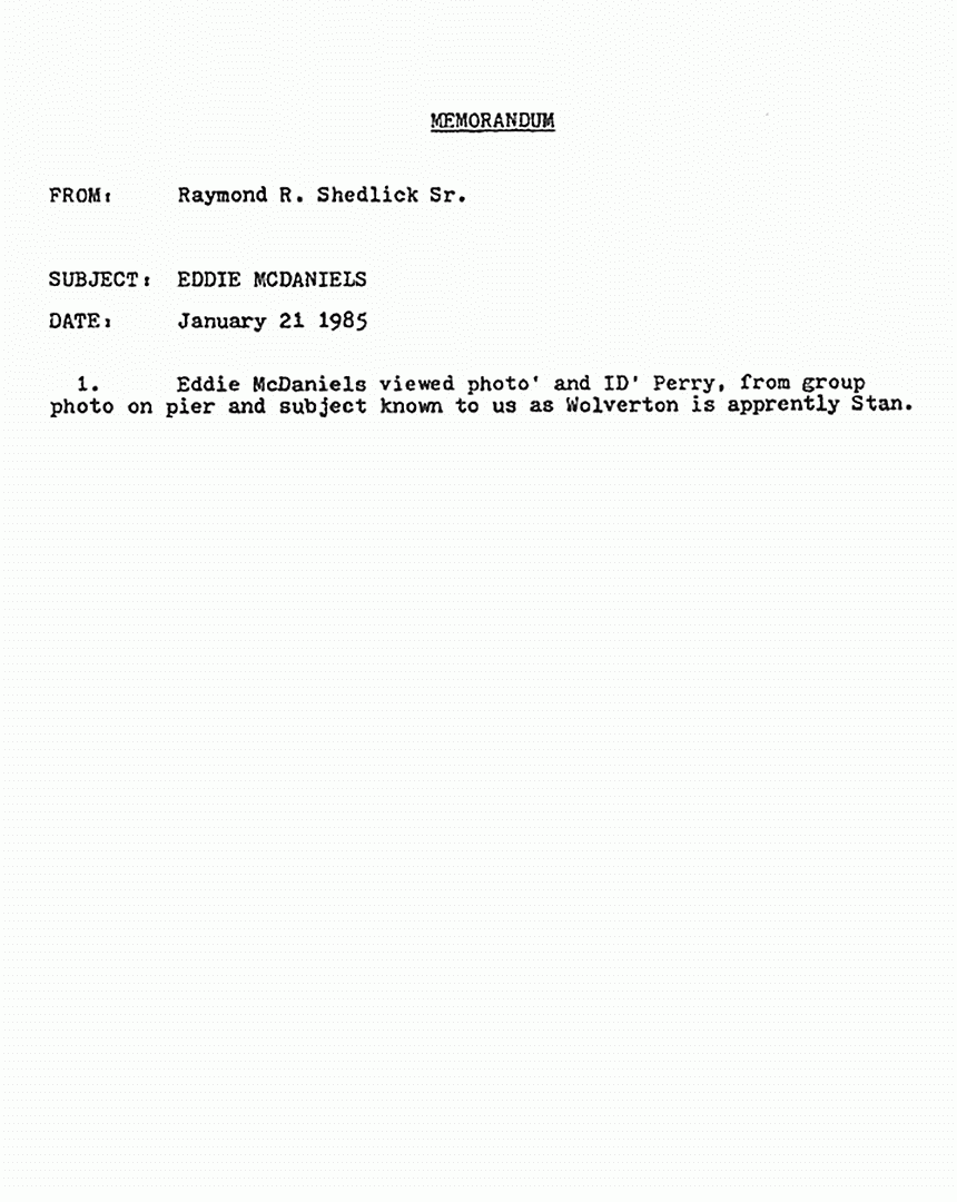 January 21, 1985: Memo from Ray Shedlick re: Eddie McDaniels, Cathy Perry, and Jackie Don Wolverton