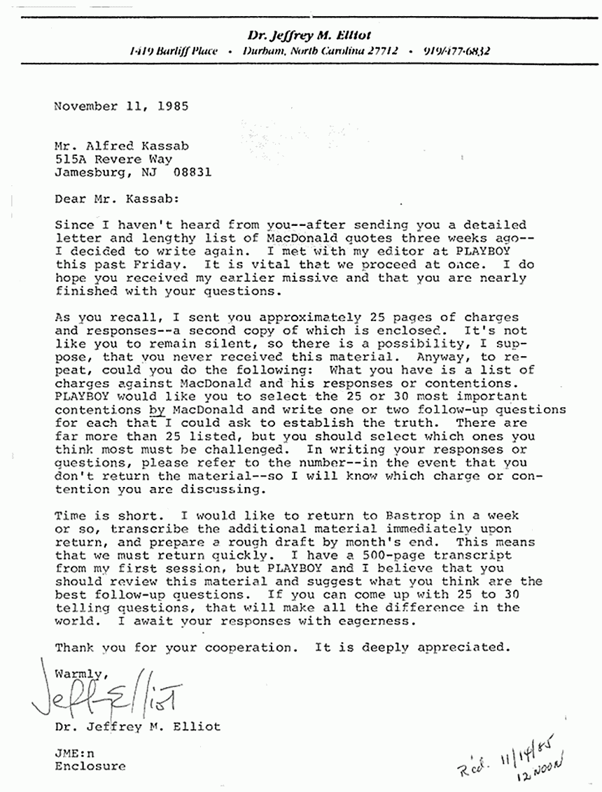 November 11, 1985: Letter from Jeffrey Elliot to Freddy Kassab