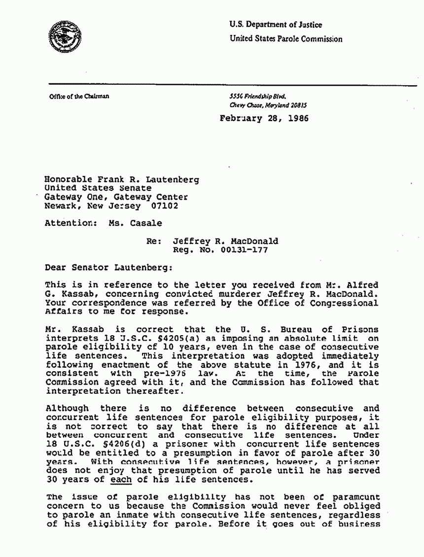 February 28, 1986: Letter from U. S. Parole Commission to Senator Frank Lautenberg re: Jeffrey MacDonald's eligibility for parole, p. 1 of 2