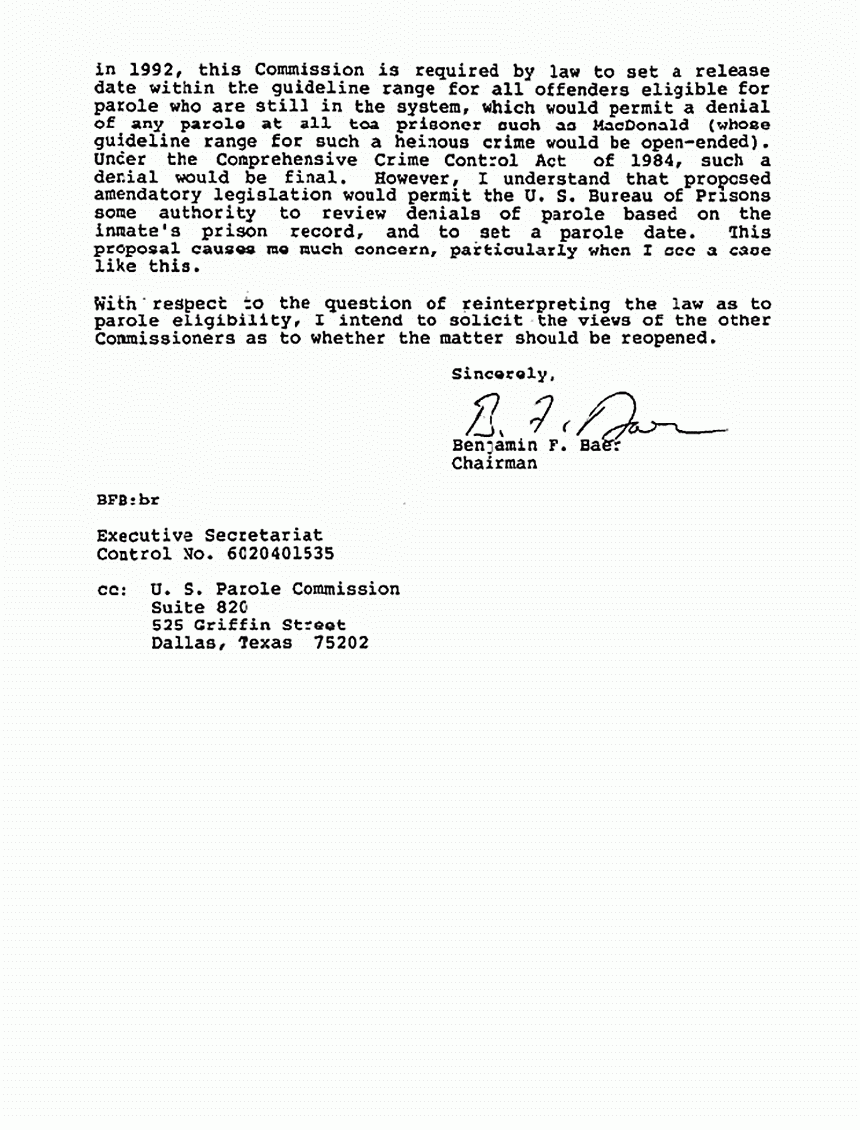 February 28, 1986: Letter from U. S. Parole Commission to Senator Frank Lautenberg re: Jeffrey MacDonald's eligibility for parole, p. 2 of 2