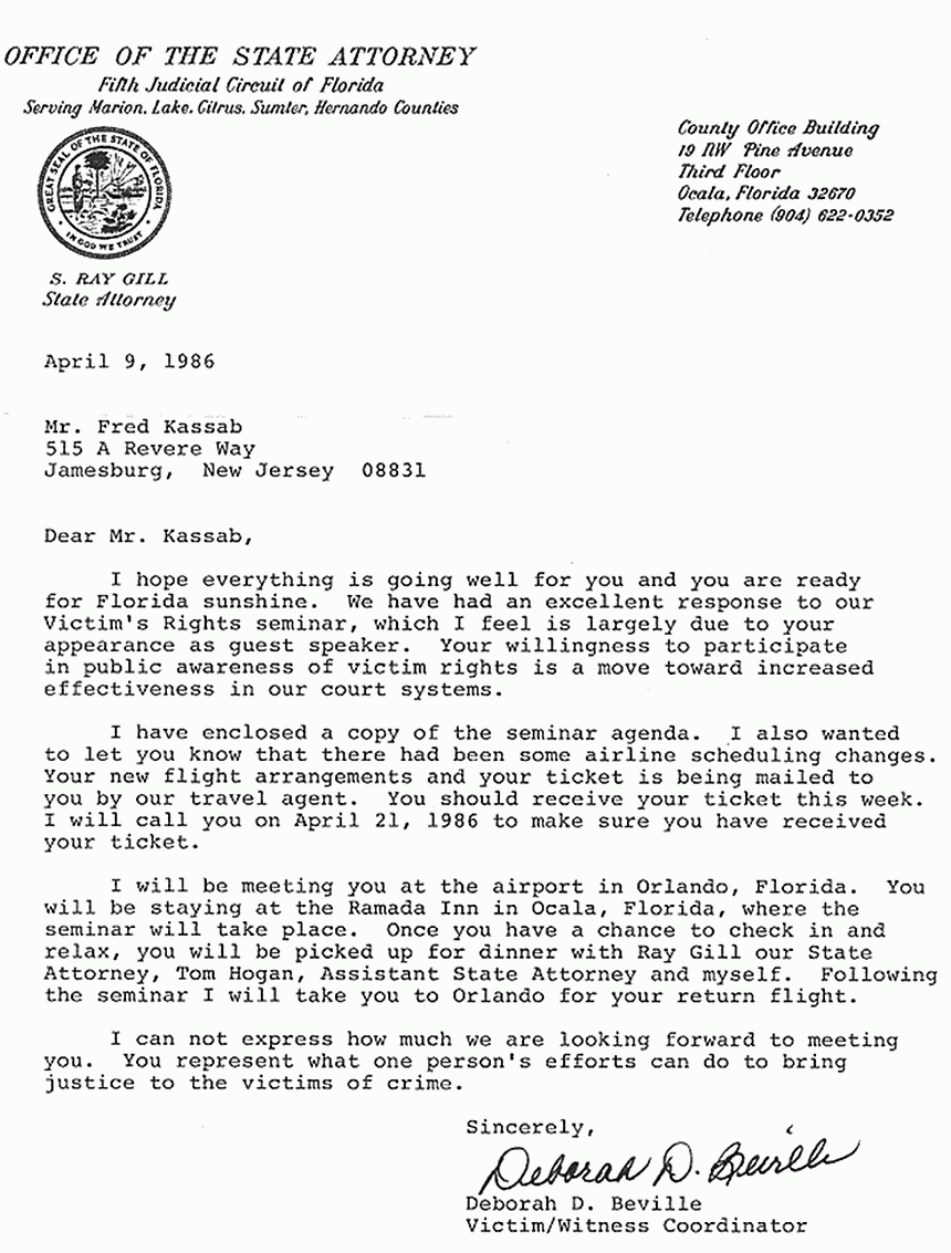 April 4, 1986: Letter to Freddy Kassab from Deborah Beville, Victim/Witness Coordinator, Florida Office of the State Attorney