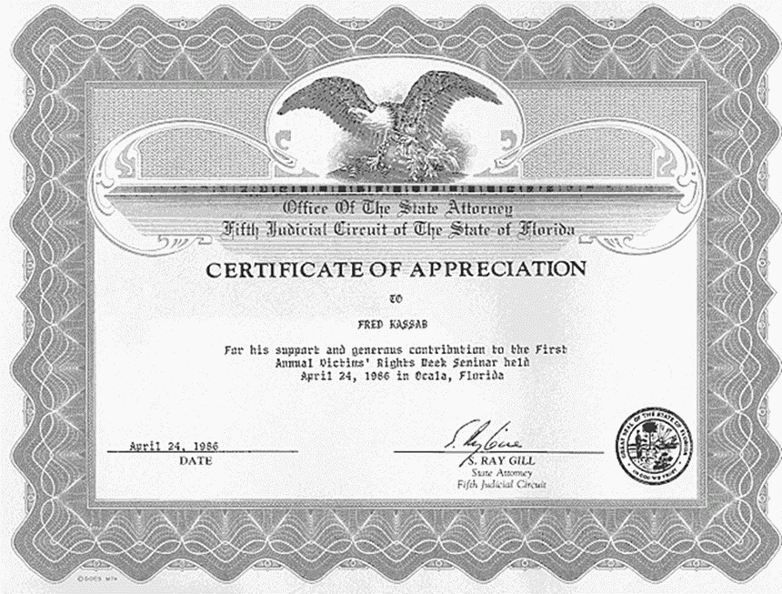 April 24, 1986: Certificate of Appreciation from Florida Office of the State Attorney to Freddy Kassab