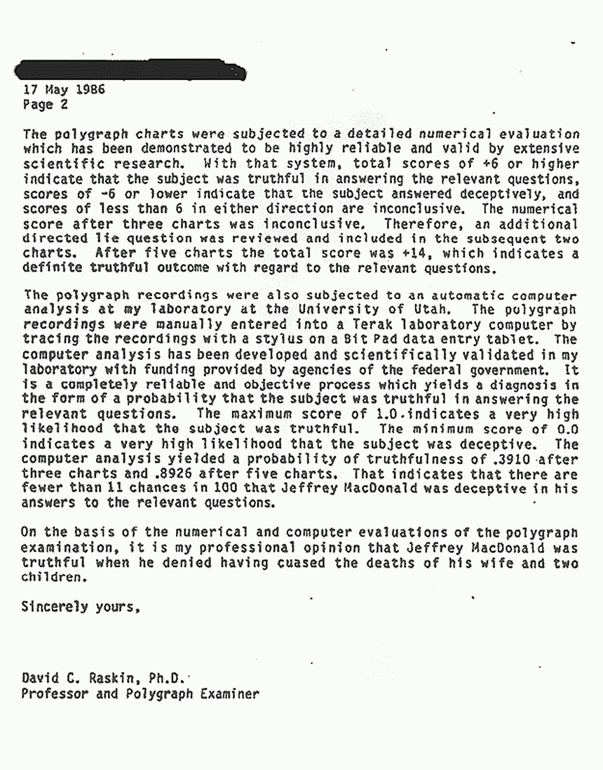 May 17, 1986: Letter from David Raskin re: March 18, 1986 polygraph examination of Jeffrey MacDonald and press release, p. 2 of 3