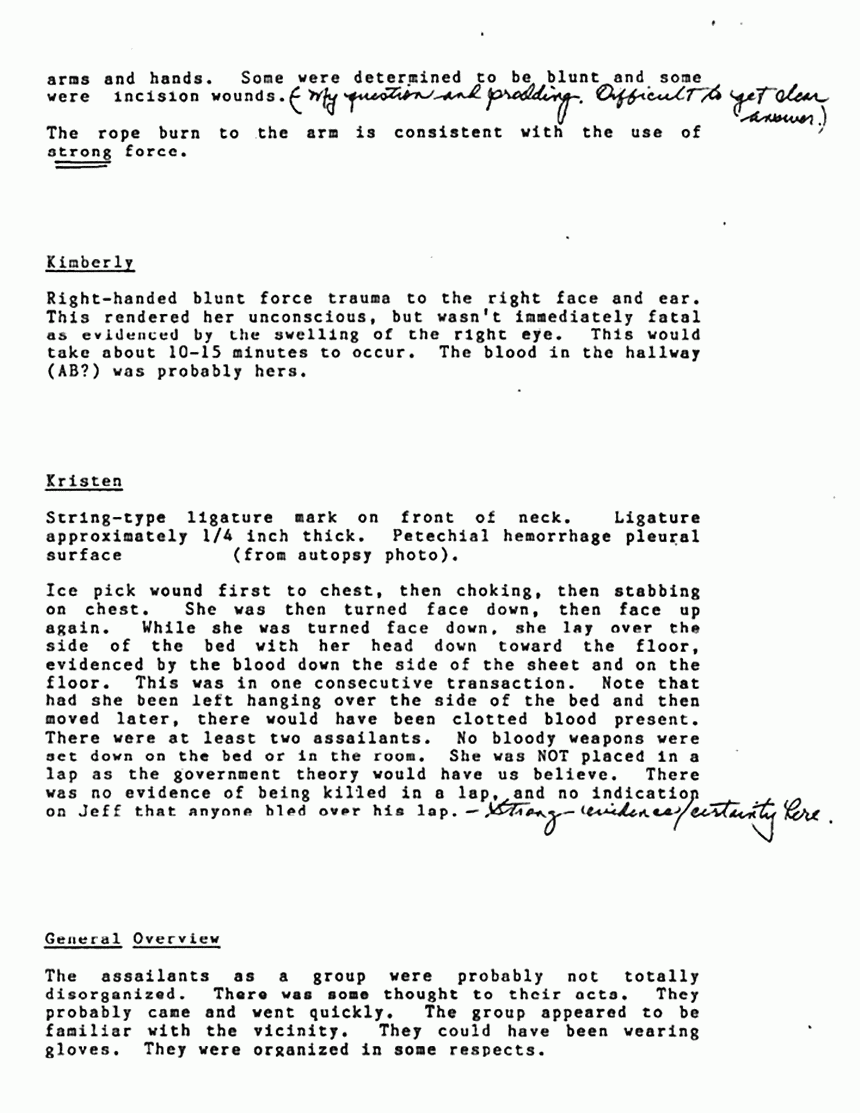 July 12, 1986: Defense meeting with Dr. Thomas Noguchi, M.D., Richard Fox, Ray Shedlick, Brian O'Neill, and Donna Bruce present, p. 3 of 3
