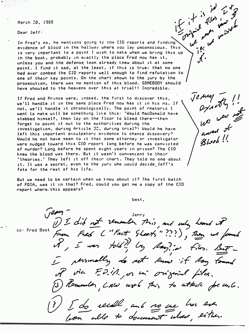 March 20, 1988: Letter from Jerry Potter to Jeffrey MacDonald, re: Fatal Justice, with comments by Jeffrey MacDonald