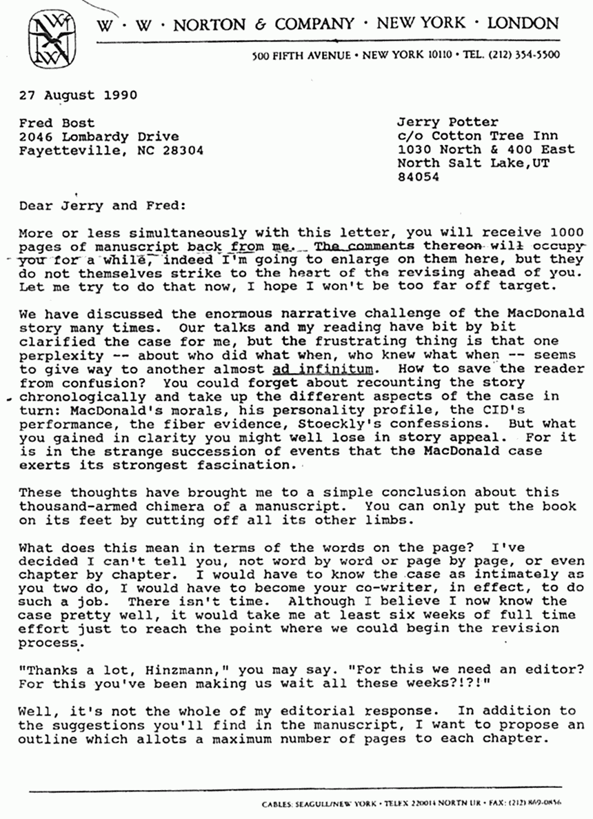 August 27, 1990: Letter from Hilary Hinzmann to Fred Bost and Jerry Potter, re: Fatal Justice, p. 1 of 3