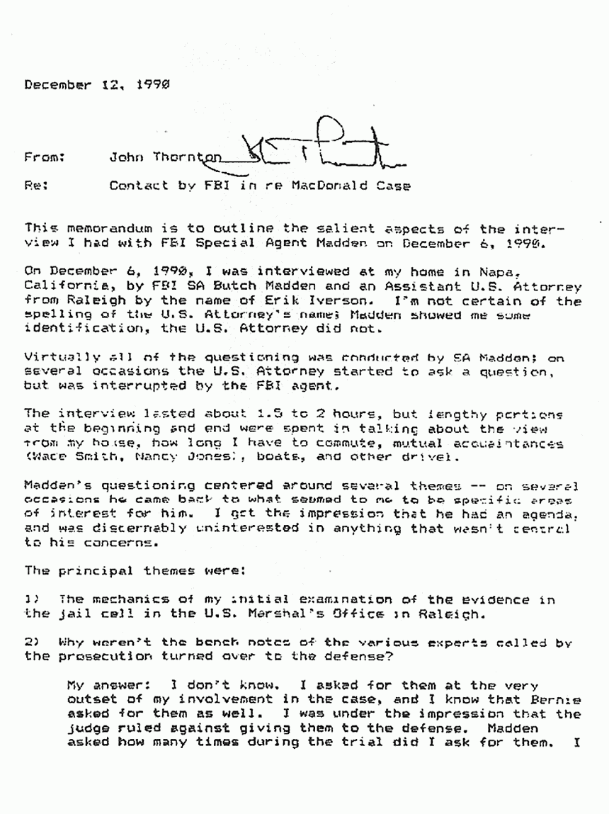 December 12, 1990: Memorandum from John Thornton re: Dec. 6, 1990 interview of Butch Madden (FBI), p. 1 of 4