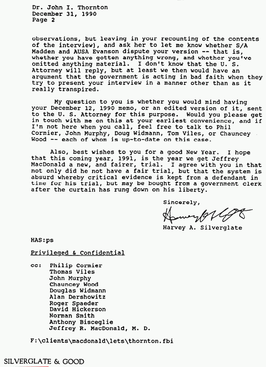 December 30, 1990: Letter from Harvey Silverglate to John Thornton, re: Thornton's Dec. 12, 1990 memorandum of interview of Butch Madden (FBI), p. 2 of 2