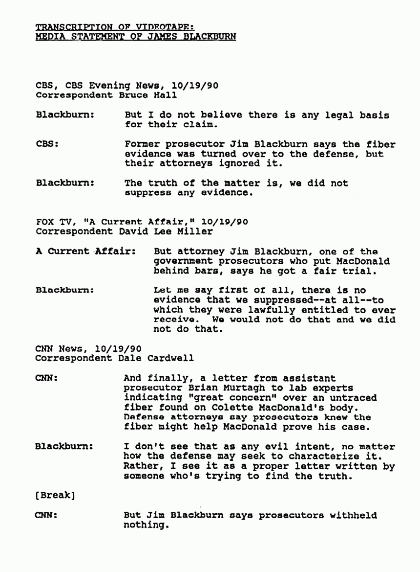 1987 and 1990: Transcription of videotape: Media statements by James Blackburn, p. 1 of 5