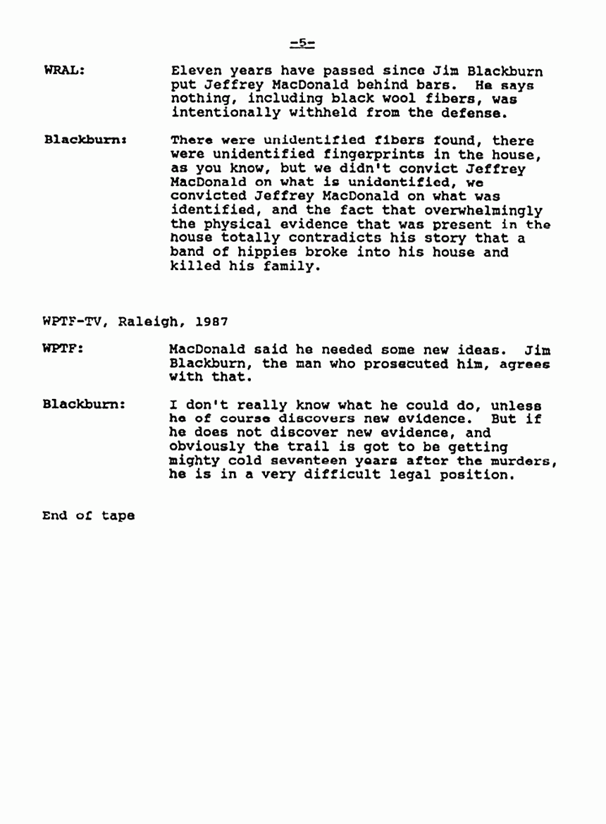 1987 and 1990: Transcription of videotape: Media statements by James Blackburn, p. 5 of 5