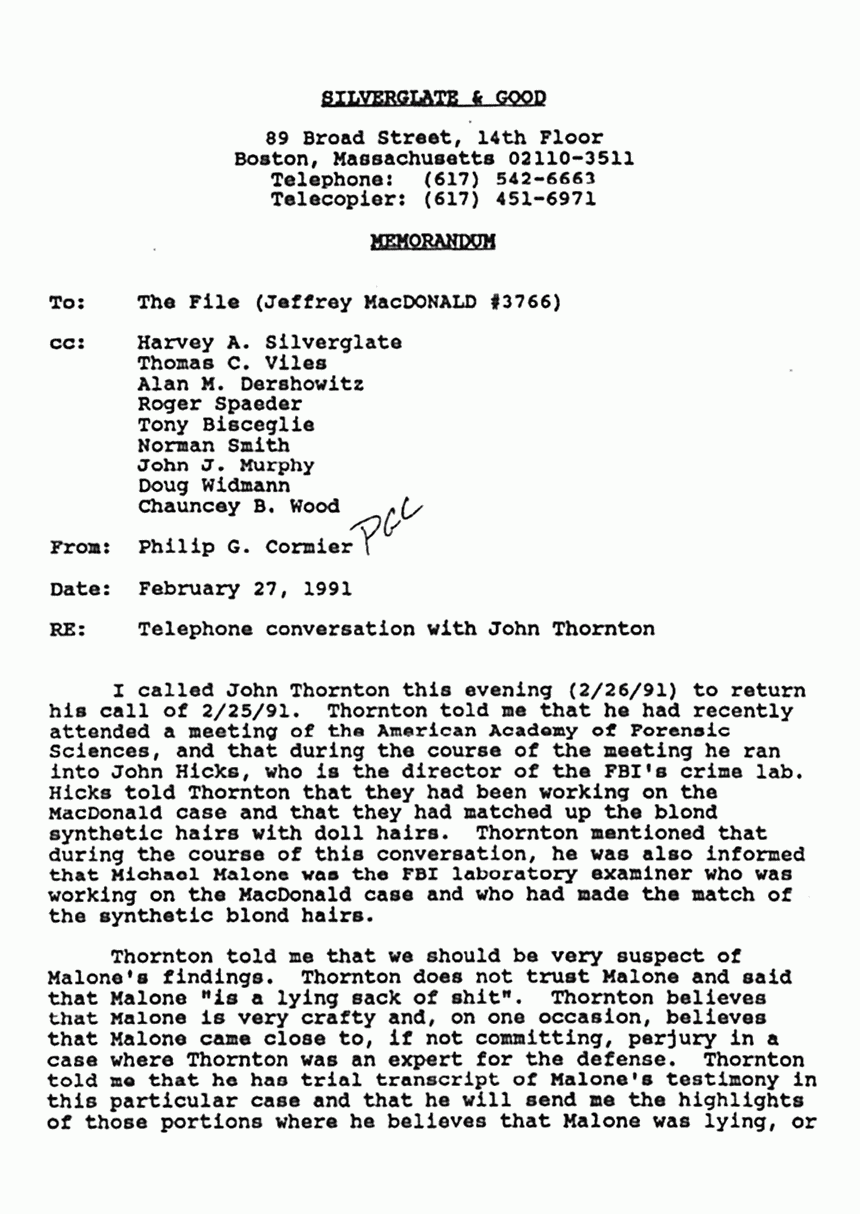 February 27, 1991: Memorandum from Philip Cormier re: Telephone conversation with John Thornton about Michael Malone (FBI), p. 1 of 2