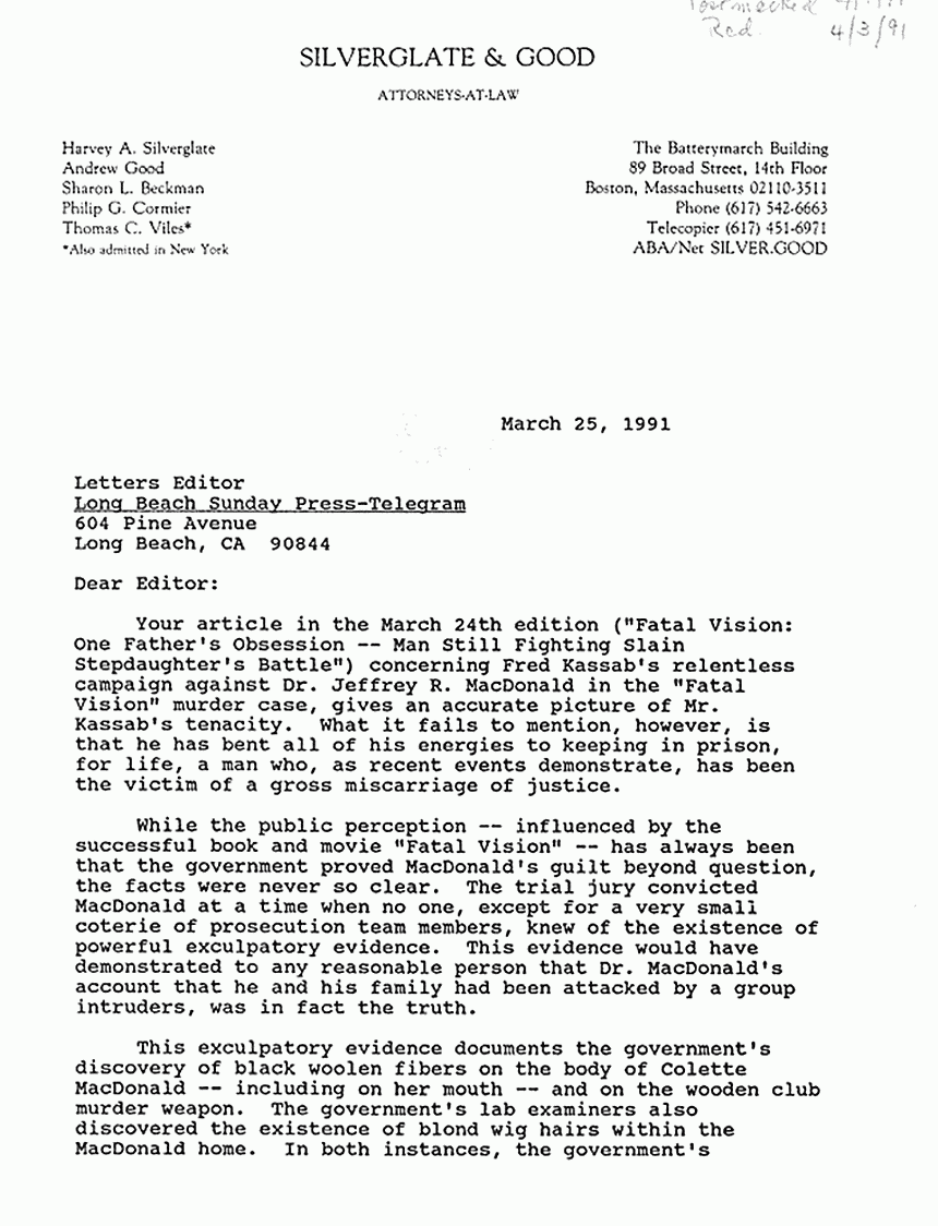 March 25, 1991: Letter from Harvey Silverglate to Editor, Long Beach Sunday Press-Telegram, p. 1 of 3