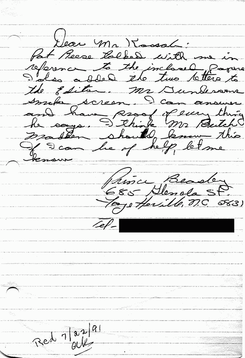 Circa July 1991: Letter from Prince Beasley to Freddy Kassab re: Ted Gunderson