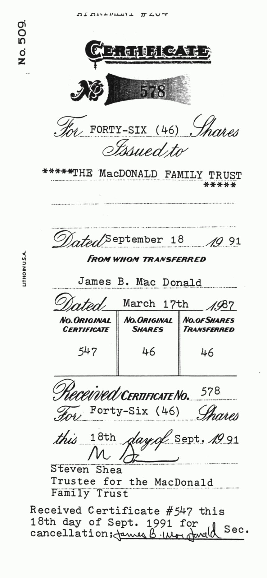 September 18, 1991: Certificate for Transfer of Shares from MacDonald Family Trust