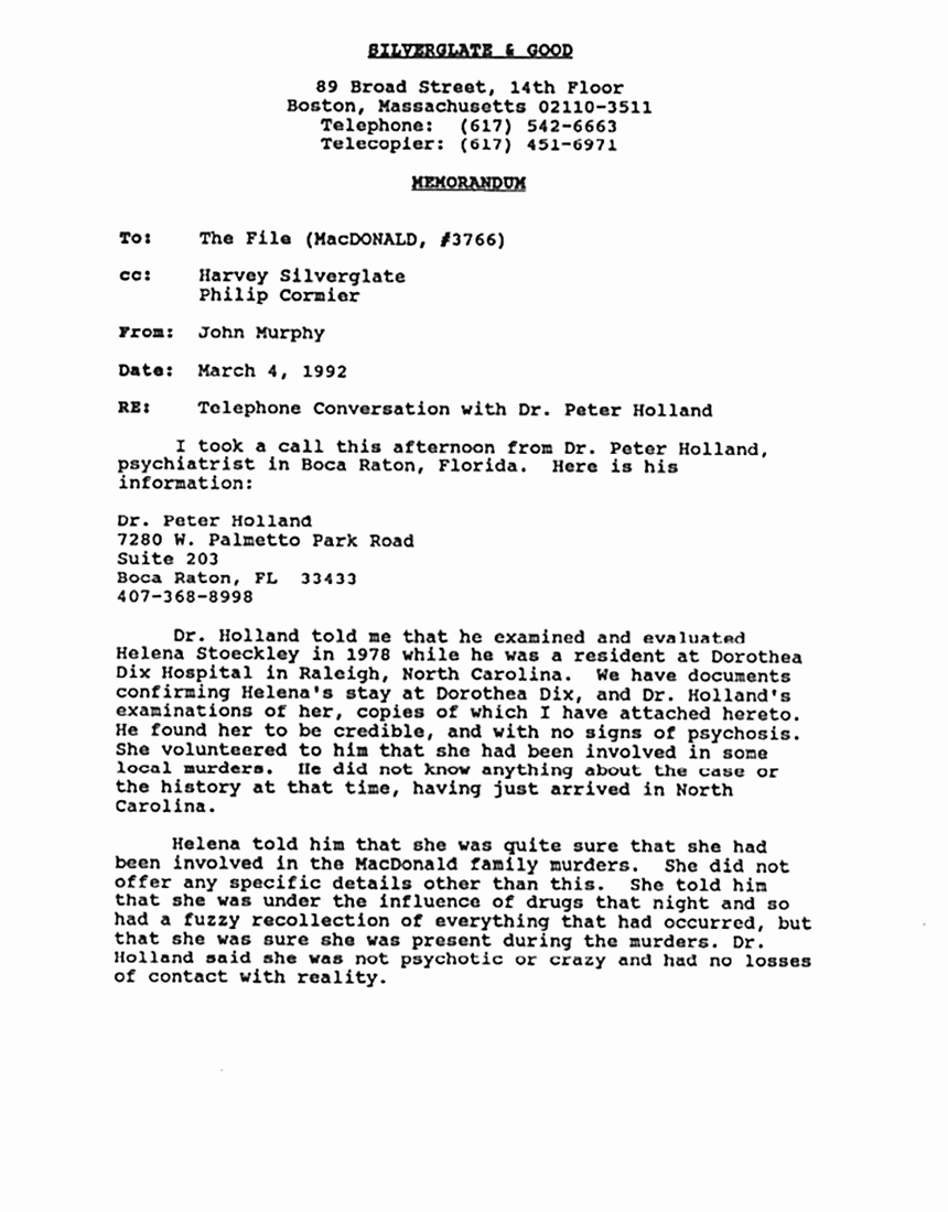 March 4, 1992: Memorandum from John Murphy re: Telephone conversation with Dr. Peter Holland about Helena Stoeckley, p. 1 of 7