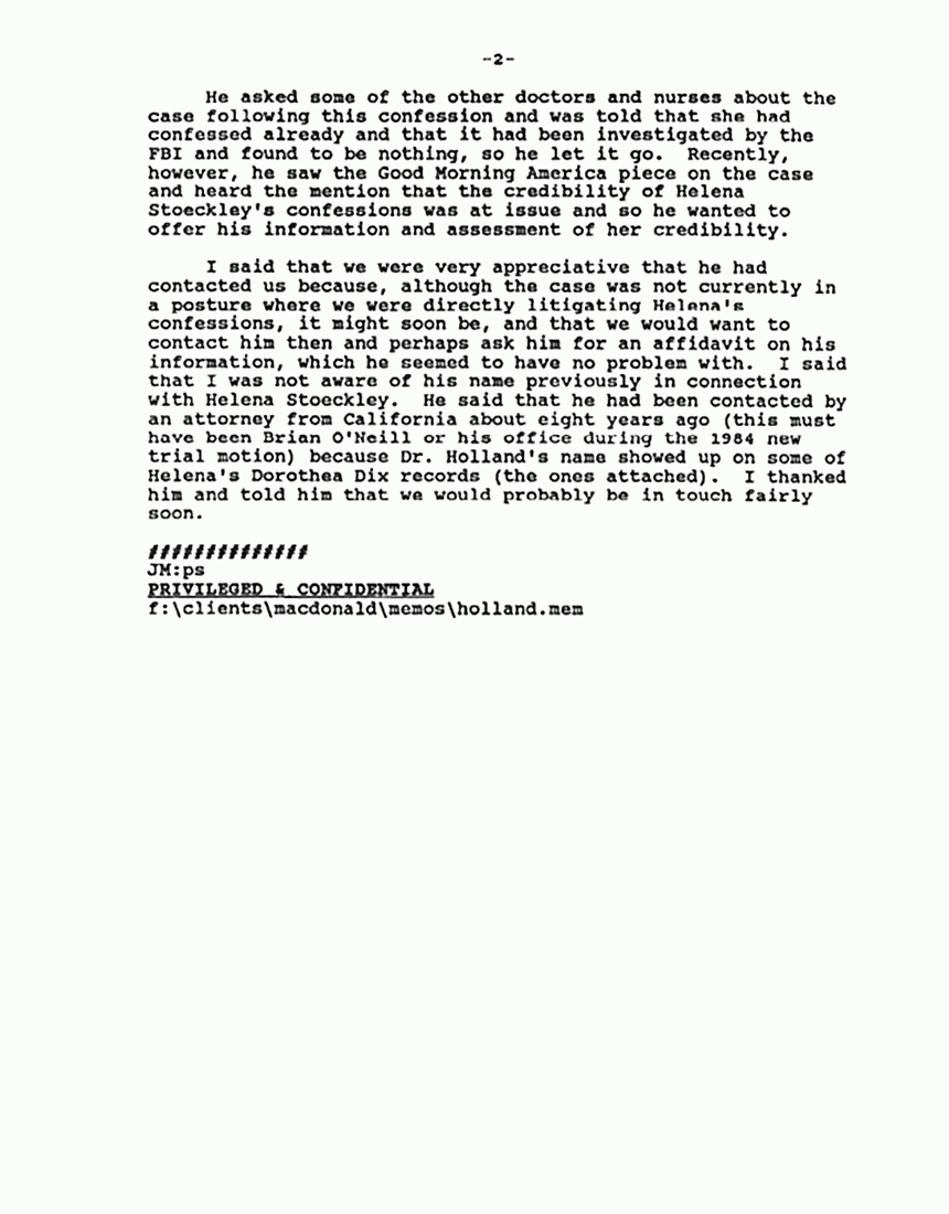 March 4, 1992: Memorandum from John Murphy re: Telephone conversation with Dr. Peter Holland about Helena Stoeckley, p. 2 of 7