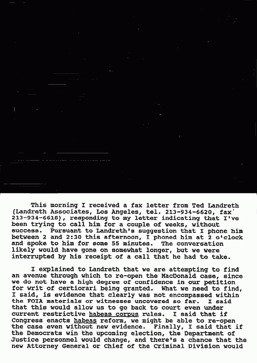 September 24, 1992: Memo (assumed from attorney Harvey Silverglate), re: telephone conversation with Ted Landreth, p. 1 of 5