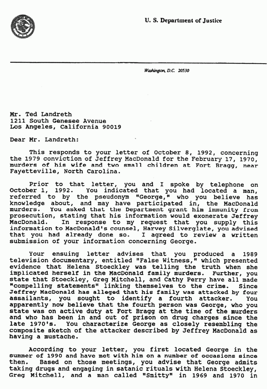 Circa October 1992: Letter from James Reynolds (DOJ) to Ted Landreth, re: suspect George, p. 1 of 5