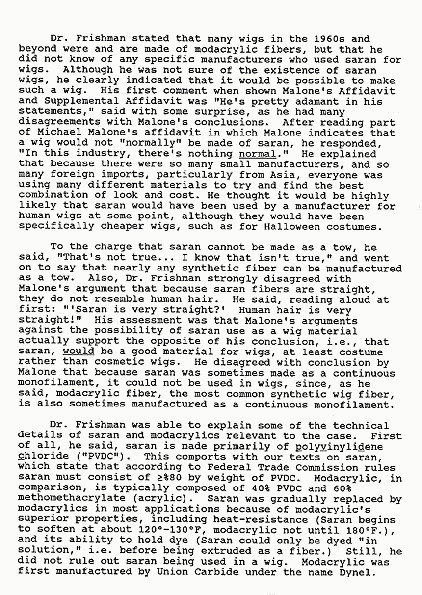 Nov. 20, 1992: Partial memo re: Interview with Dr. Frishman about saran and wigs, p. 1 of 3