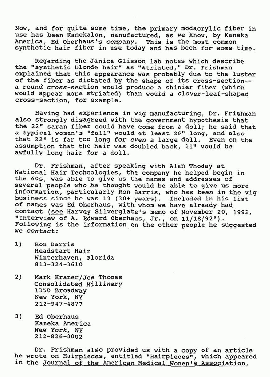 Nov. 20, 1992: Partial memo re: Interview with Dr. Frishman about saran and wigs, p. 2 of 3