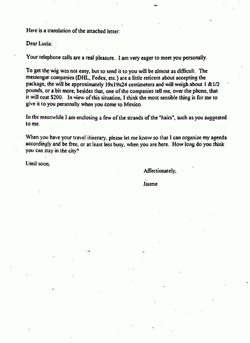 Nov. 8 1993: English translation of letter from Jaume Ribas to Lucia Bartoli re: shipment of wig