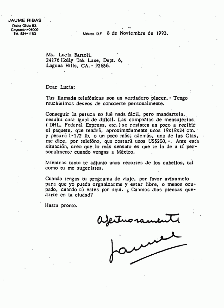 Nov. 8 1993: Letter from Jaume Ribas to Lucia Bartoli re: shipment of wig