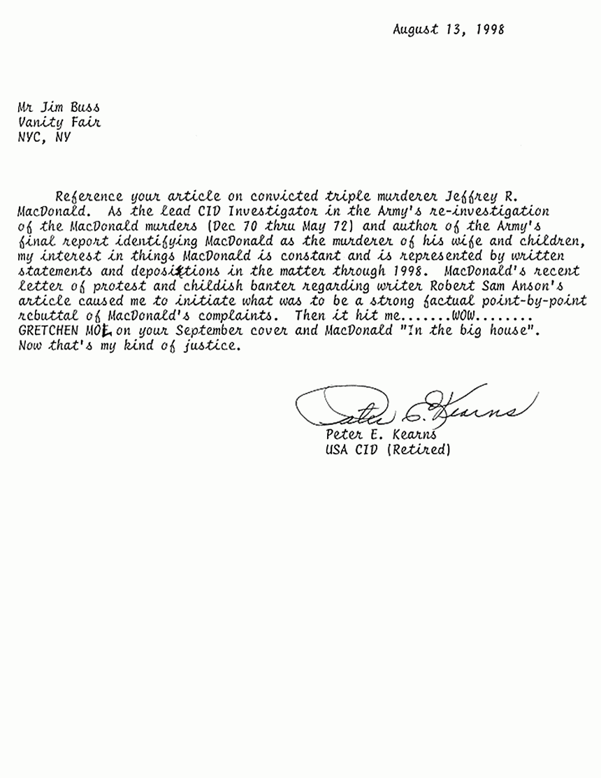August 13, 1998: Letter from Peter Kearns to the editor of Vanity Fair re: Robert Sam Anson's article, 'The Devil and Jeffrey MacDonald'