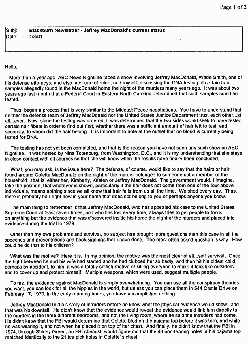 April 3, 2001: Newsletter from prosecutor Jim Blackburn re: Jeffrey MacDonald's current status, p. 1 of 2