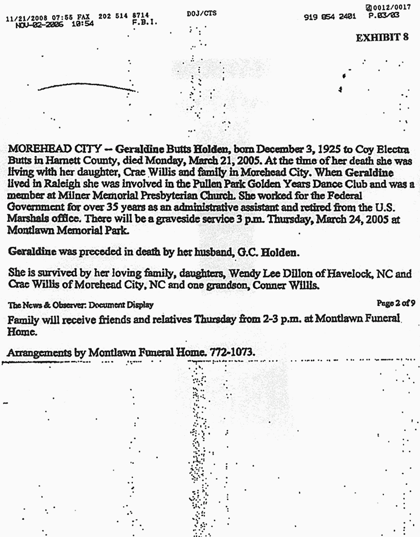 March 21, 2005: Obituary of Geraldine Butts Holden, Administrative Assistant, Raleigh U.S. Marshal's Office