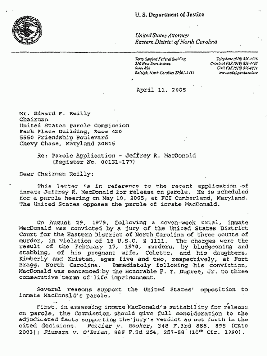 April 11, 2005: Letter from Dept. of Justice to U. S. Parole Commission re: Jeffrey MacDonald's Application for Parole, p. 1 of 6