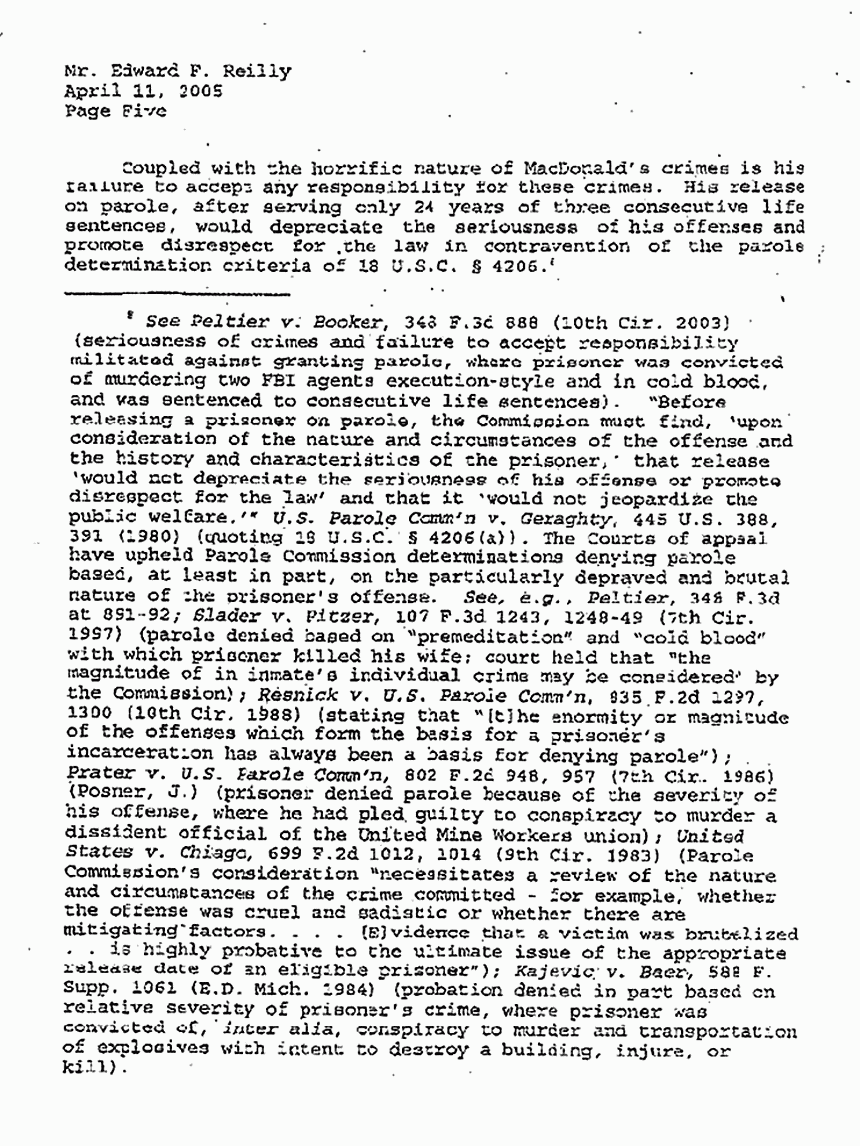 April 11, 2005: Letter from Dept. of Justice to U. S. Parole Commission re: Jeffrey MacDonald's Application for Parole, p. 5 of 6