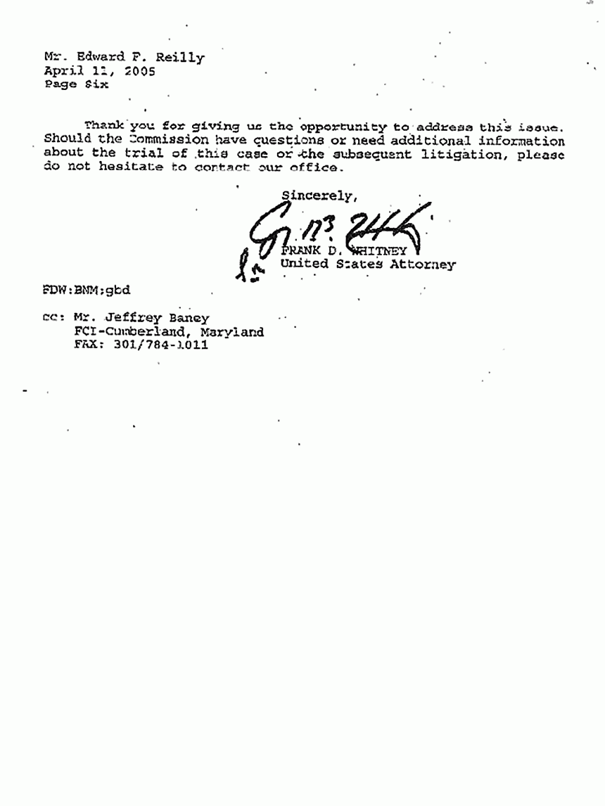 April 11, 2005: Letter from Dept. of Justice to U. S. Parole Commission re: Jeffrey MacDonald's Application for Parole, p. 6 of 6