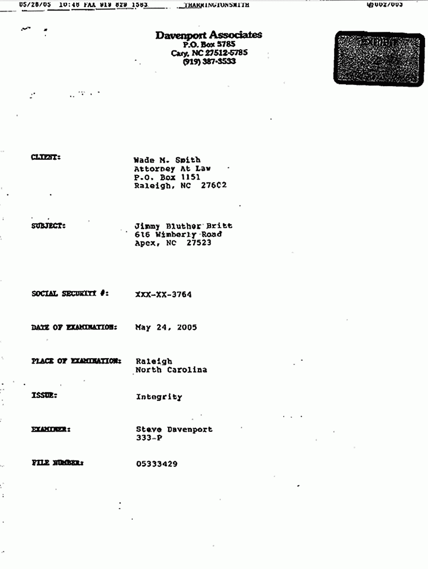 May 24, 2005: Polygraph result of Jimmy Britt, p. 1 of 2