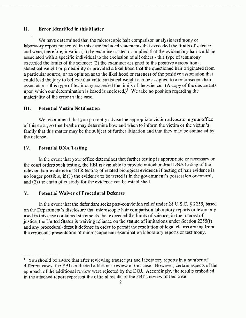 September 17, 2014: Letter from Norman Wong (Special Counsel, U.S. Department of Justice) to Thomas Walker (U.S. Attorney, Eastern District of North Carolina) re: FBI examinations in the Jeffrey MacDonald case, p. 2 of 3