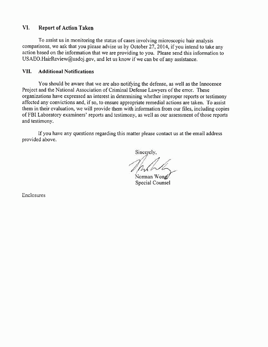 September 17, 2014: Letter from Norman Wong (Special Counsel, U.S. Department of Justice) to Thomas Walker (U.S. Attorney, Eastern District of North Carolina) re: FBI examinations in the Jeffrey MacDonald case, p. 3 of 3
