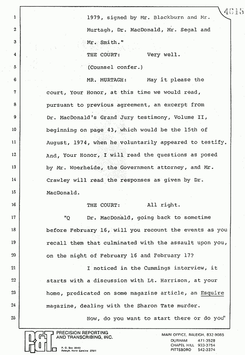 August 10, 1979: Reading of Jeffrey MacDonald's statements and Esquire magazine articles at trial, p. 6 of 151