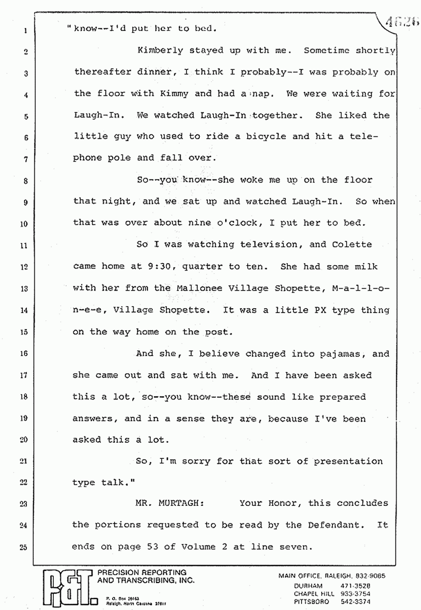 August 10, 1979: Reading of Jeffrey MacDonald's statements and Esquire magazine articles at trial, p. 17 of 151