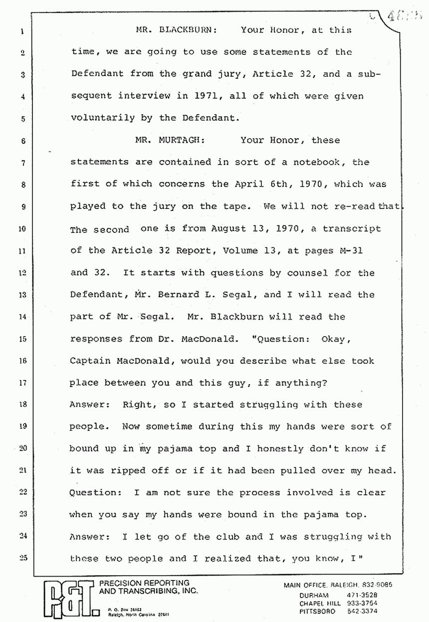August 10, 1979: Reading of Jeffrey MacDonald's statements and Esquire magazine articles at trial, p. 56 of 151