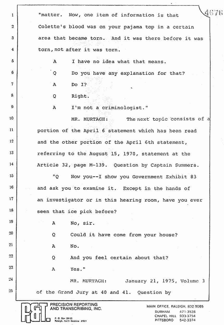 August 10, 1979: Reading of Jeffrey MacDonald's statements and Esquire magazine articles at trial, p. 67 of 151