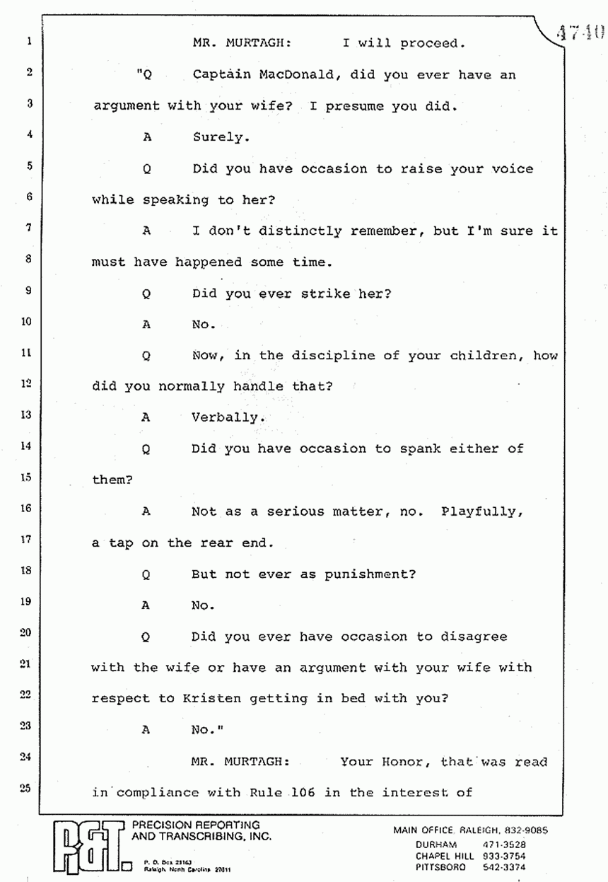 August 10, 1979: Reading of Jeffrey MacDonald's statements and Esquire magazine articles at trial, p. 131 of 151