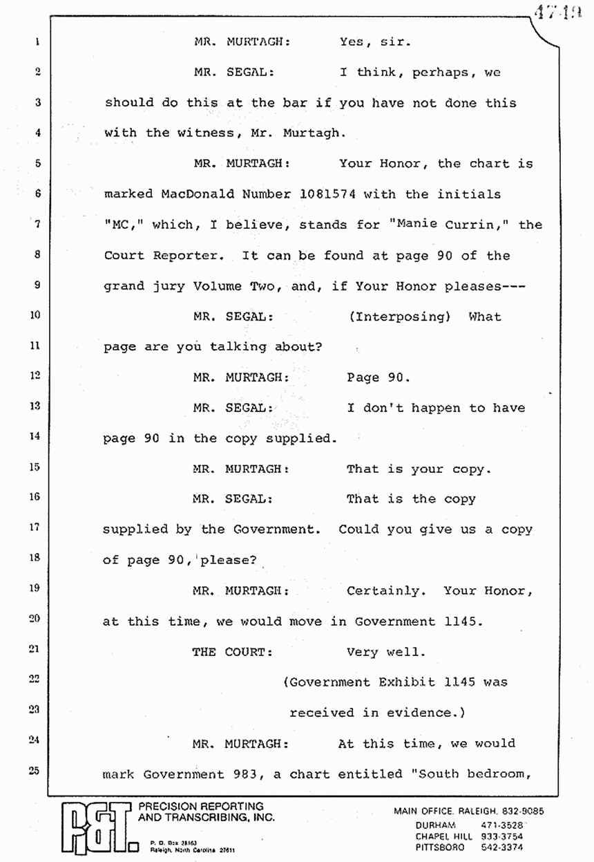 August 10, 1979: Reading of Jeffrey MacDonald's statements and Esquire magazine articles at trial, p. 140 of 151