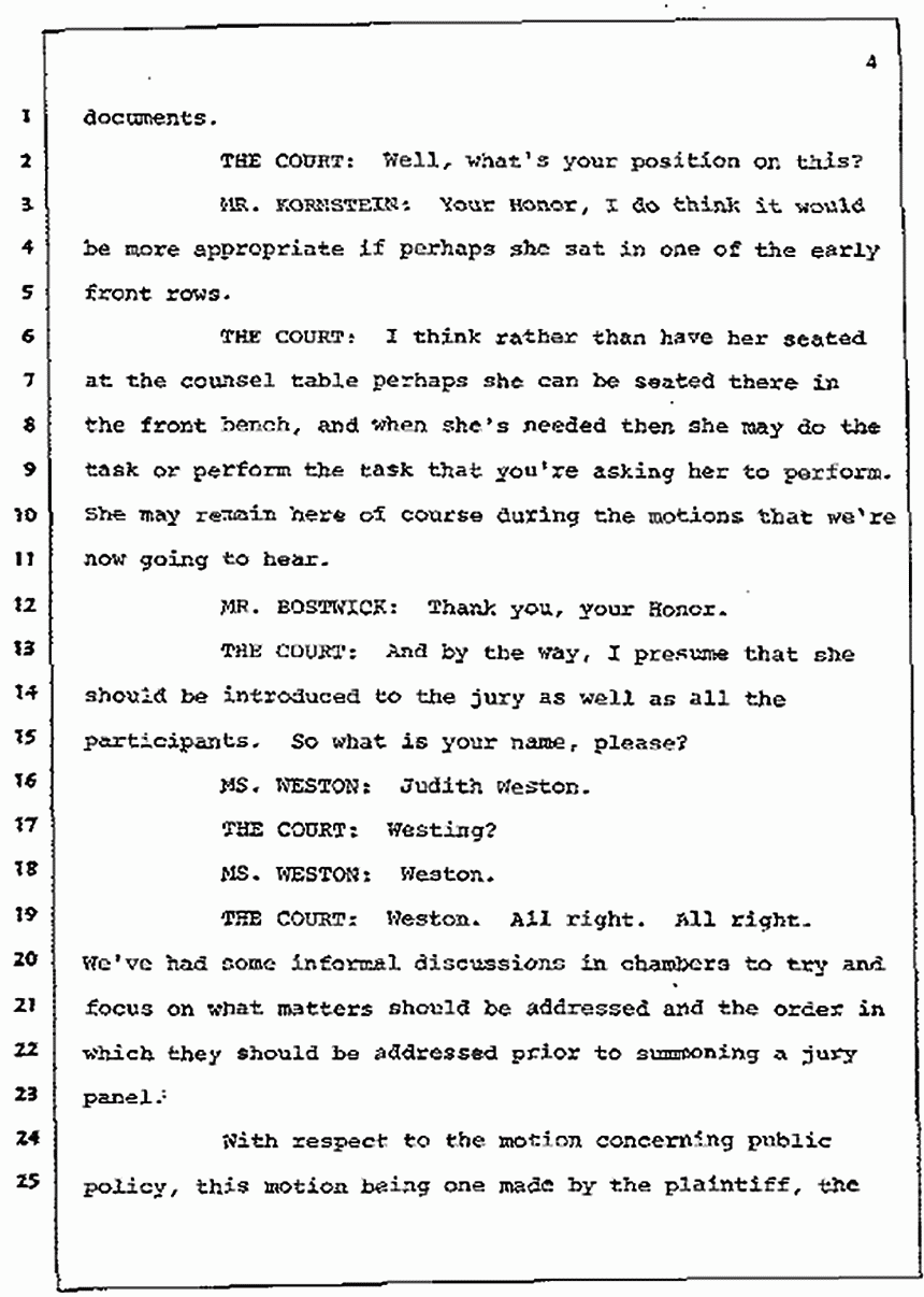 Los Angeles, California Civil Trial<br>Jeffrey MacDonald vs. Joe McGinniss<br><br>July 7, 1987:<br>Discussion of motions prior to jury selection, p. 4