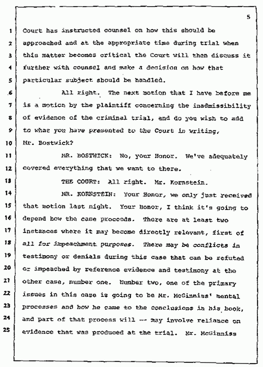 Los Angeles, California Civil Trial<br>Jeffrey MacDonald vs. Joe McGinniss<br><br>July 7, 1987:<br>Discussion of motions prior to jury selection, p. 5