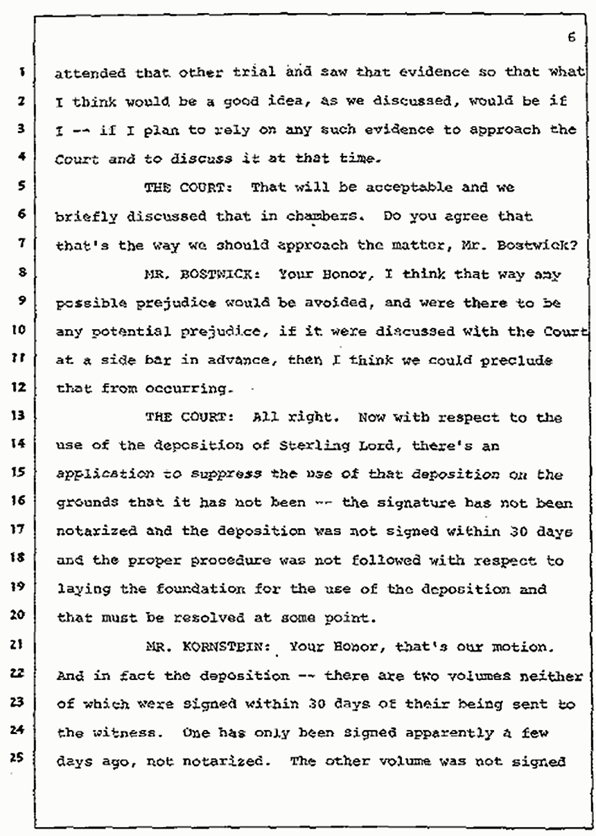 Los Angeles, California Civil Trial<br>Jeffrey MacDonald vs. Joe McGinniss<br><br>July 7, 1987:<br>Discussion of motions prior to jury selection, p. 6