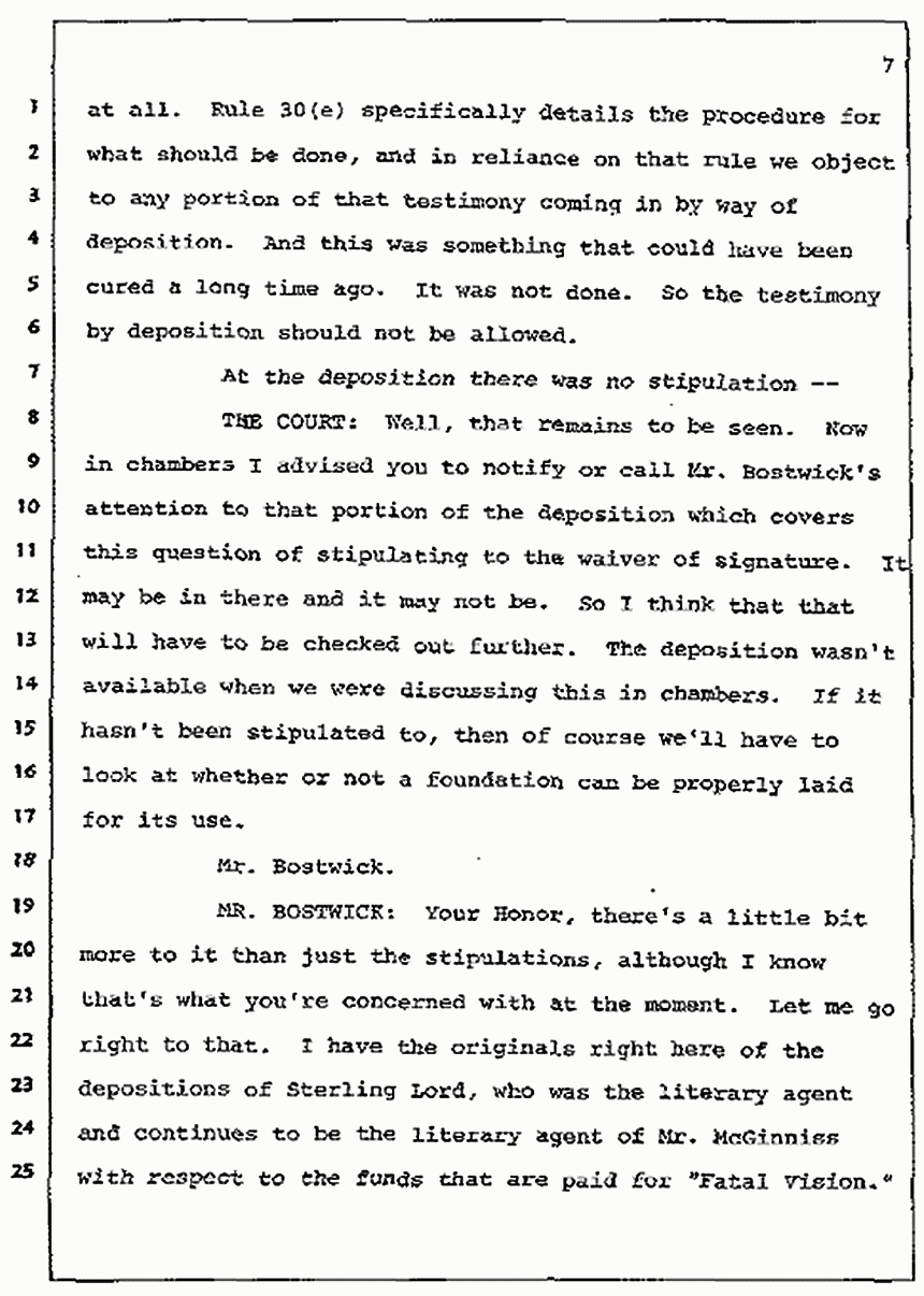 Los Angeles, California Civil Trial<br>Jeffrey MacDonald vs. Joe McGinniss<br><br>July 7, 1987:<br>Discussion of motions prior to jury selection, p. 7