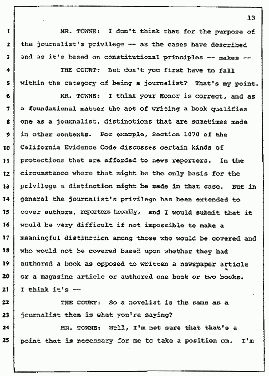 Los Angeles, California Civil Trial<br>Jeffrey MacDonald vs. Joe McGinniss<br><br>July 7, 1987:<br>Discussion of motions prior to jury selection, p. 13