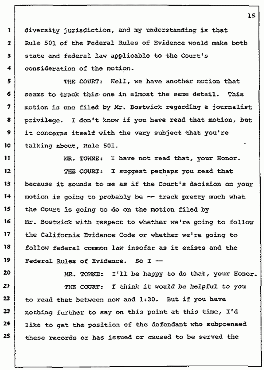 Los Angeles, California Civil Trial<br>Jeffrey MacDonald vs. Joe McGinniss<br><br>July 7, 1987:<br>Discussion of motions prior to jury selection, p. 15