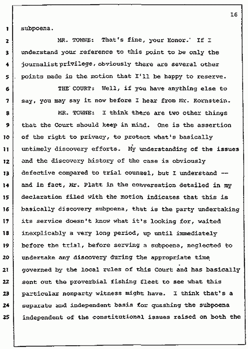Los Angeles, California Civil Trial<br>Jeffrey MacDonald vs. Joe McGinniss<br><br>July 7, 1987:<br>Discussion of motions prior to jury selection, p. 16